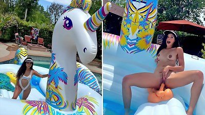 buxomy super-steamy brunette Harley Haze masturbates On big Unicorn Float